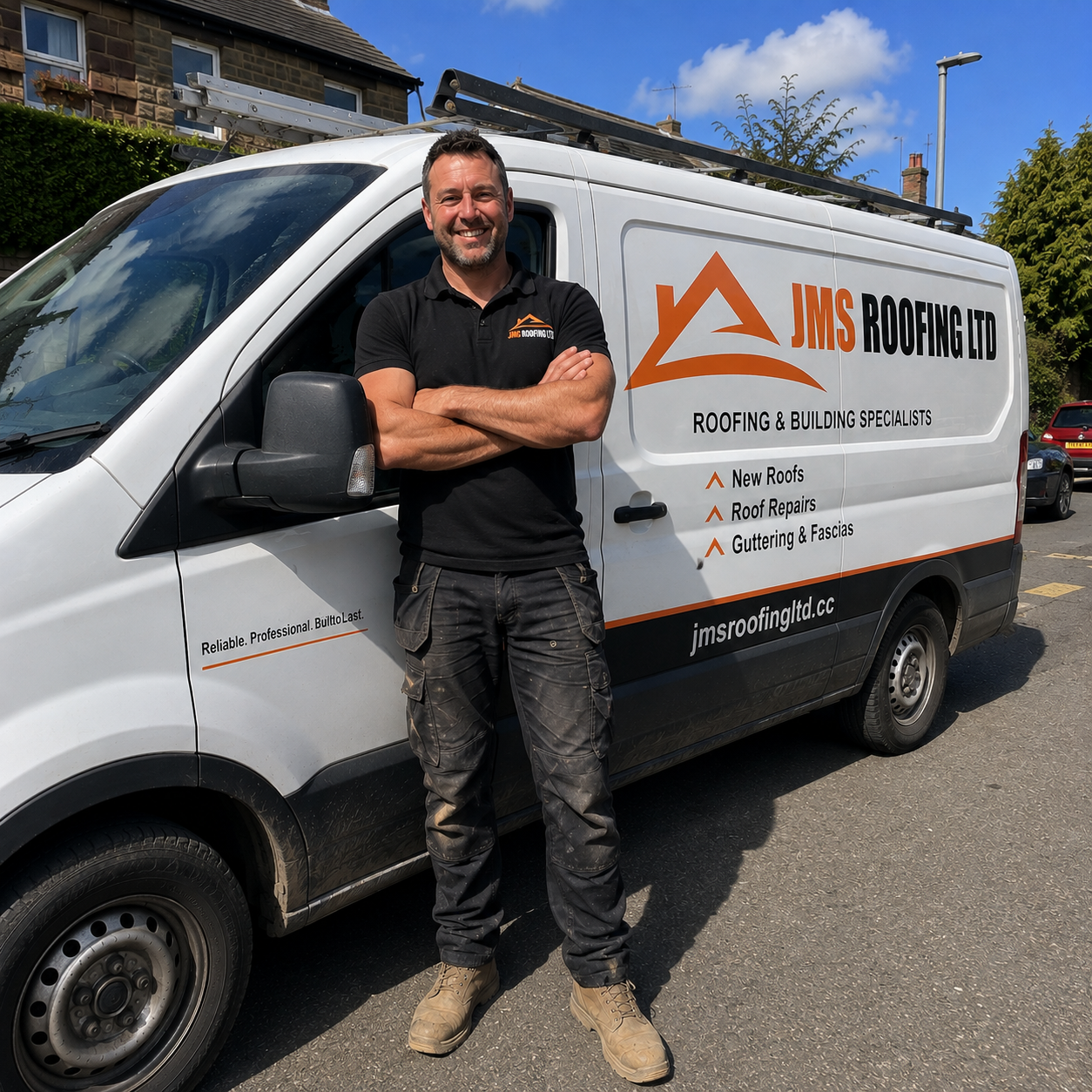 James, owner of JMS Roofing Ltd, beside the company van